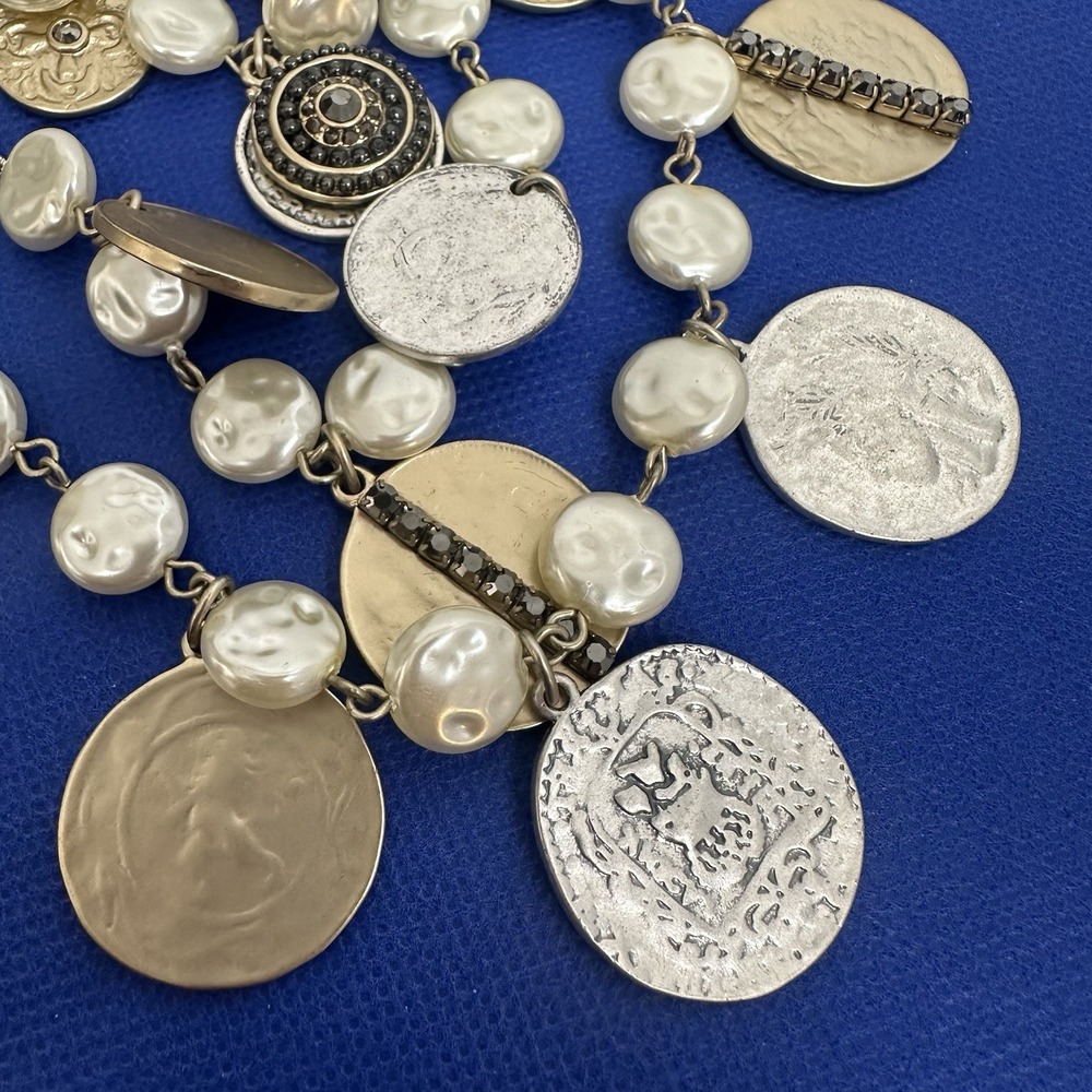Vintage Set Necklace & Earrings Chico's Silver Gold Pearls Coin Charms 3 Strand - Picture 13 of 15